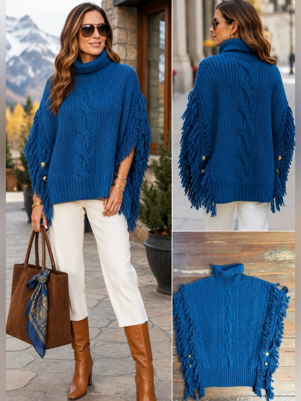 St. John Collection Mouline Wool Cable Fringe Poncho Sweater Gold Buttons ~L🧡🍄